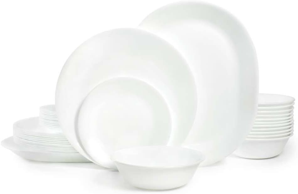 Corelle Vitrelle 38-Piece Service for 12 Dinnerware Set, Triple Layer Glass and Chip Resistant, Lightweight Round Plates and Bowls Set, Winter Frost White