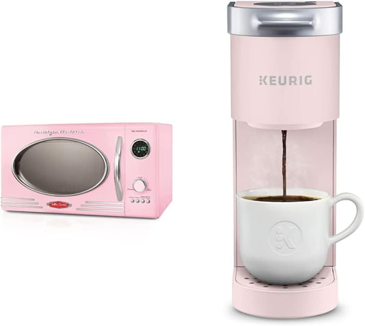 Nostalgia Retro Countertop Microwave Oven, 0.9 Cu. Ft. 800-Watts, Child Lock, Cu.Ft, Pink & Keurig K-Mini Coffee Maker, Single Serve K-Cup Pod Coffee Brewer, 6 to 12 oz. Brew Sizes, Dusty Rose