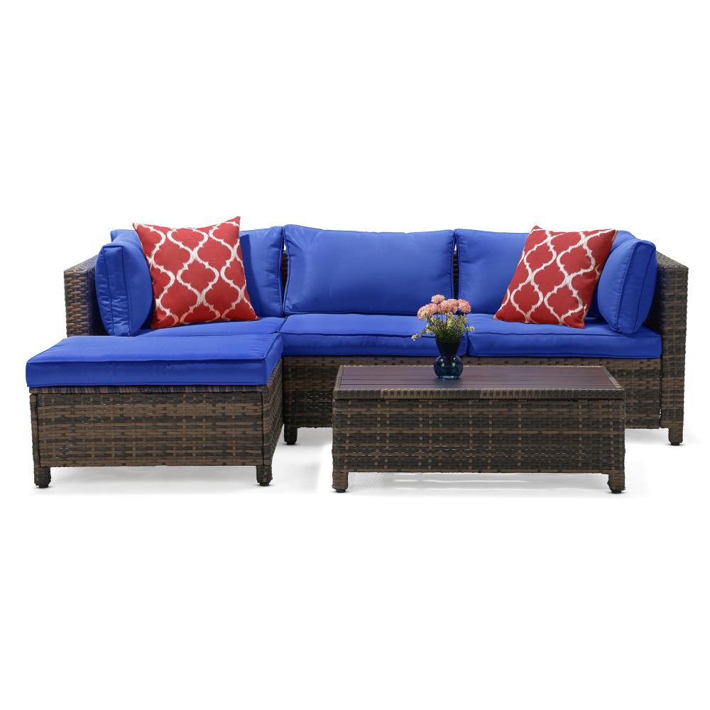 EDYO LIVING BestHomeChoice Wicker Outdoor Sectional with Blue Cushions and Steel Frame