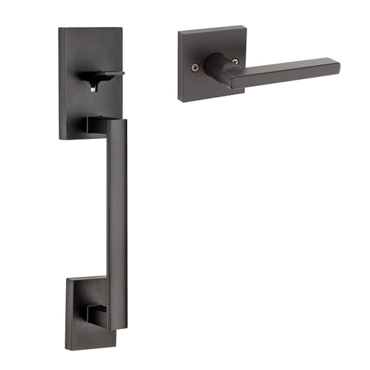 Kwikset Signature Series San Clemente Iron Black Single-Cylinder Deadbolt Entry Door Handleset with Halifax Lever 815SCEXHFL SQT 514