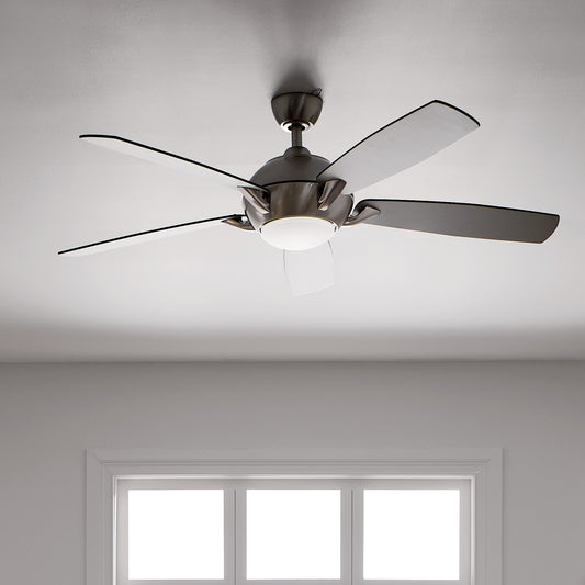 Kichler Geno 54-in Integrated LED Brushed Stainless Steel with Silver/Walnut Blades Ceiling Fan With Light - Remote Included ( 5 -Blade ) 1694994