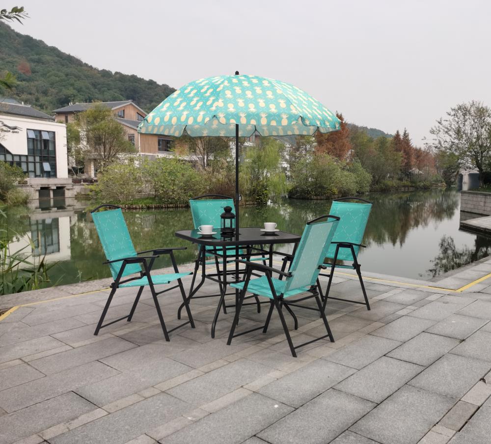 Donglin Furniture Wyndham printed 6 pc folding set 6 -Piece Black Patio Dining Set Steel Square Table with 4 Blue Stationary Chairs