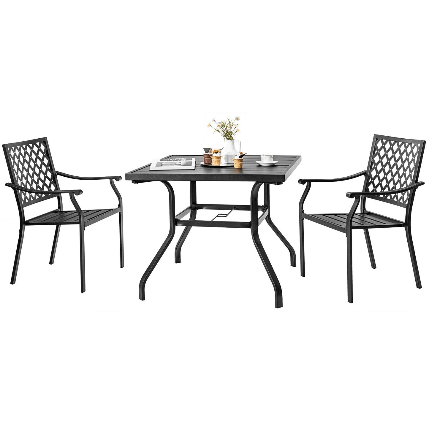 Clihome Patio Furniture Set 3 -Piece Black Patio Dining Set Steel Square Table with 2 Stationary Chairs