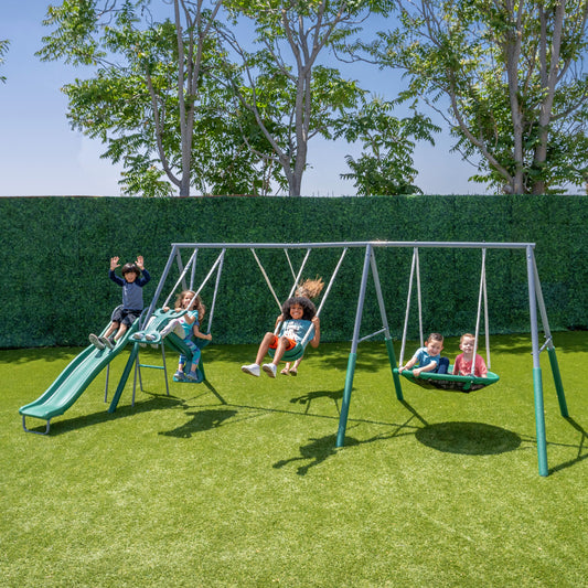 The Swing Company Rochester Metal Swing Set Residential Metal Swing set with 4 Swings and Slide Included