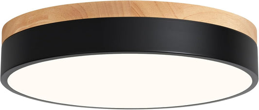 WOKNOS Modern Dimmable LED Close to Ceiling Light Minimalist Wood Oak Flush Mount Ceiling Light Fixture Circle Lighting for Bedroom Kitchen Bathroom Laundry Room (Black, 11.8'')