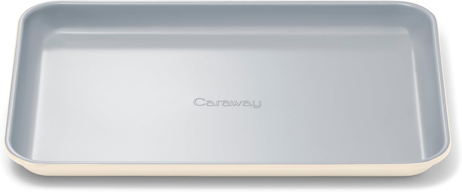 Caraway Nonstick Ceramic Small Baking Sheet (9x13\u201D) \u2013 Non-Toxic, PTFE & PFOA Free \u2013 Oven Safe \u2013 Aluminized Steel Core \u2013 Mini Sheet Pan for Baking, Roasting & More - Cream