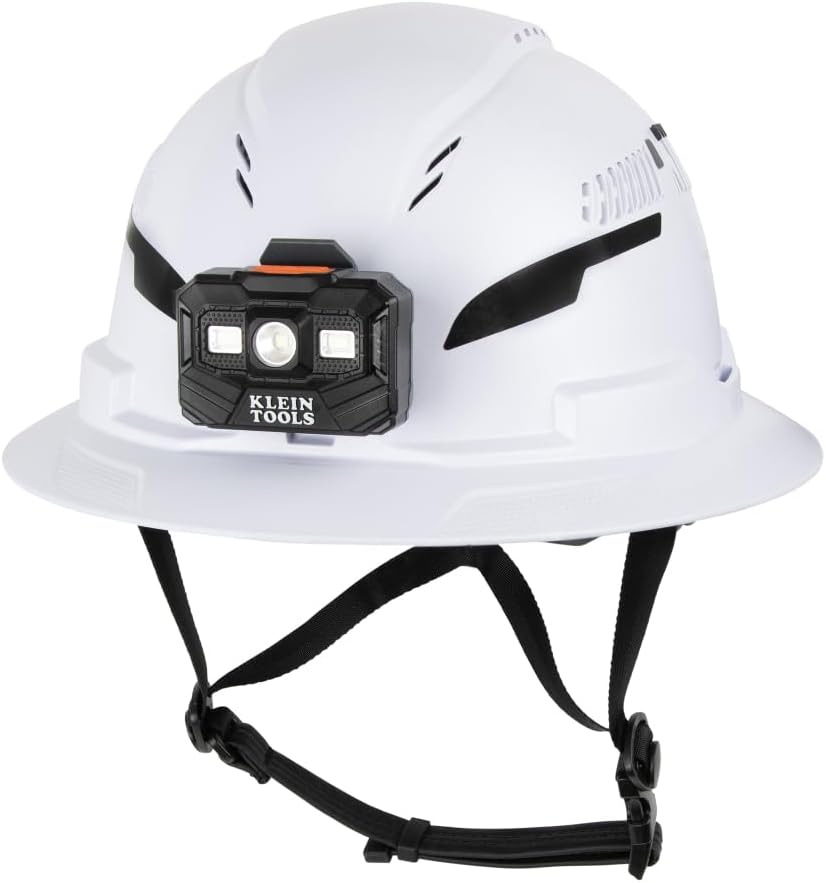 Klein Tools 60407T2RL Type 2 Hard Hat, Vented Full Brim, Class C, 6-Point Suspension with Accessory Mounts, Washable Padding, and Rechargeable Headlamp