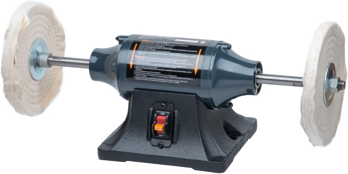 POWERTEC 8-Inch Bench Buffer Jewelry Polisher - Includes 2PCs 80Ply Thic Buffing Wheels | Slow Speed Long Shaft Benchtop Machine for Polishing Metal, Jewelry, Knives, Wood, Jade, and Plastic (BF800)