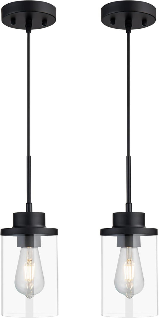 DALIVOL Modern Black Farmhouse Clear Glass Cylinder Pendant Light Fixture, Single Hanging Pendant Lighting for Kitchen Island, Dining Room, Foyer & Hallway(2 Packs)