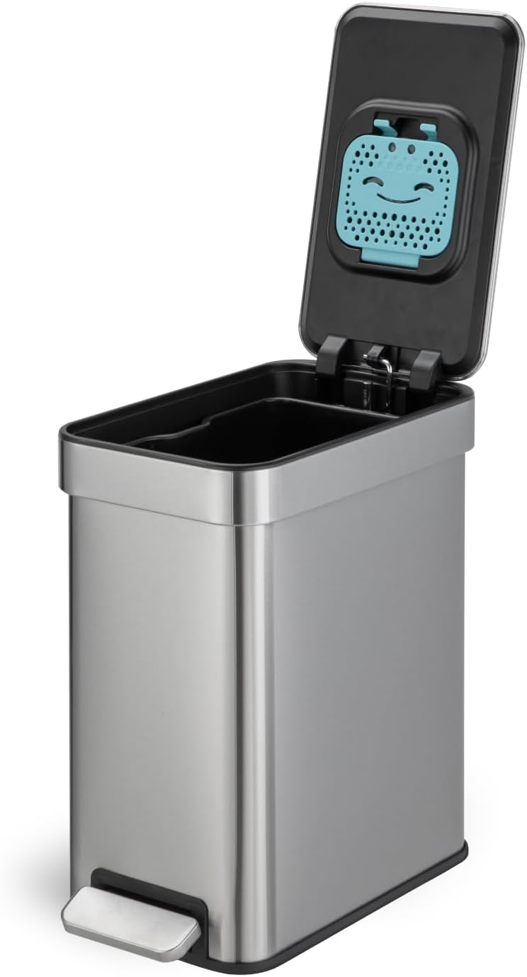 Home Zone Living 3 Gallon Small Trash Can with a Lid and Step Pedal, CleanAura, Odor Control, Stainless Steel with Slim Design for Home and Office, Silver, 10 Liters