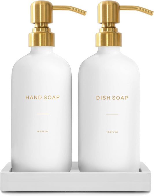 Prus Waso Gold Soap Dispenser Set, Glass Soap Dispenser with Stainless Steel Pump, Perfect for Modern Kitchen Counter Decor. (Gold)