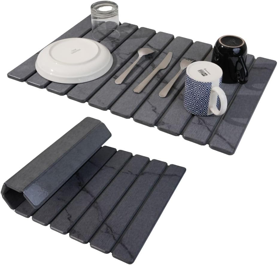 Large Stone Dish Drying Mat for Kitchen Counter 23.5”x 15.25” – Elegant Marbled-Inspired Surface Quick-Dry Absorbent Diatomaceous Earth - Bathroom & Kitchen Mat for Dishes & Bottle Cups (Dark Gray)