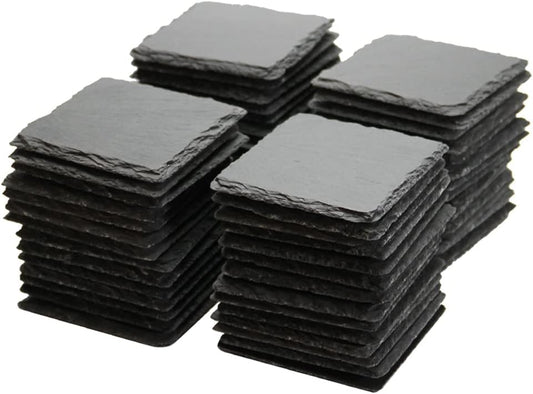 MONKEY SUN 60 Pack 4 x 4 Inch Gorgeous Black Slate Stone Coasters Bulk Square Slate Stone Cup Coaster for Drink Bar Kitchen Home, Handmade Natural Rough Edge, Set of 60