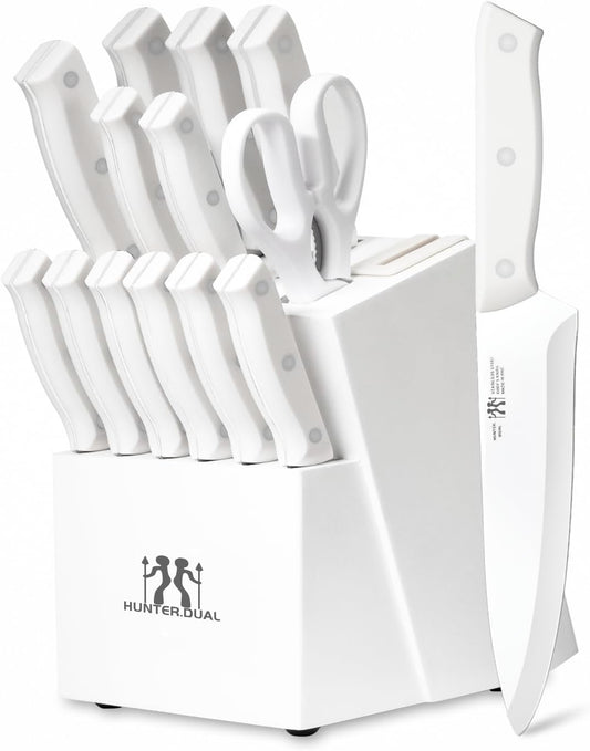 Knife Set, HUNTER.DUAL 15 Piece Kitchen Knife Set with Block and Built-in sharpener, Dishwasher Safe, Anti-slip Handle, White