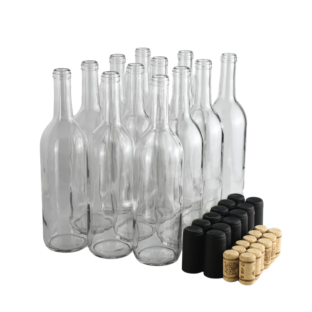 FastRack 750 ml Clear Wine Bottles (Pack of 12) with No.8 Natural Corks & Matte Black Shrink Sleeves, W5 Bordeaux Liquor Bottles/Flint Flat-Bottomed Cork Top | Ideal for Wine Making and Storage