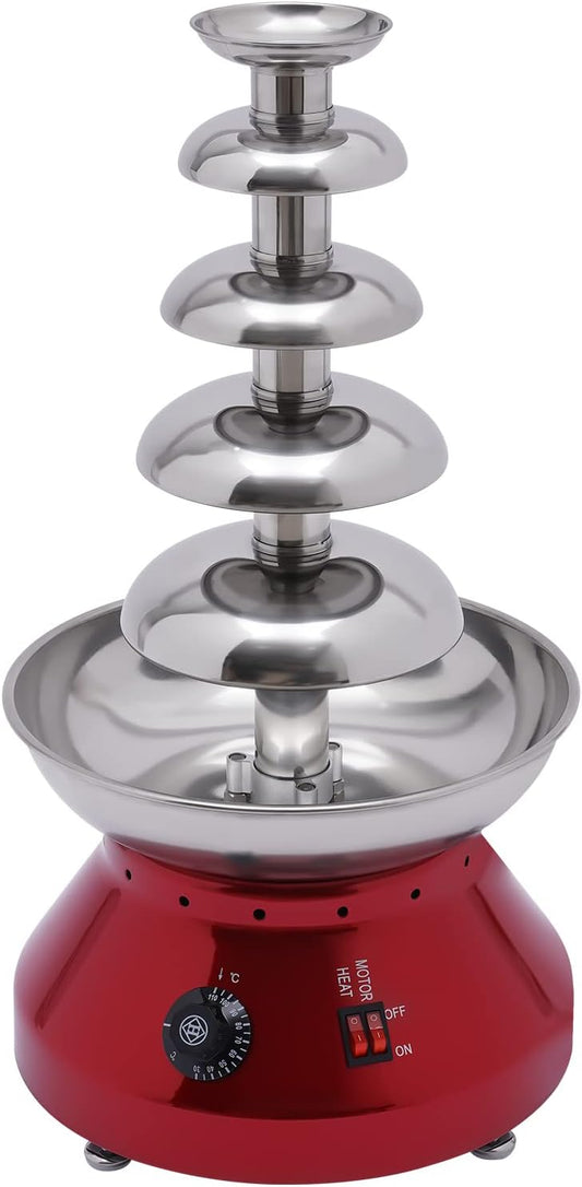 5-Tier Commercial Chocolate Fountain Machine, Hot Chocolate Fondue Tower for Home, Stainless Steel Electric Cheese Melting Heating Machine for Nacho Liqueurs Party Wedding, 110V, Red