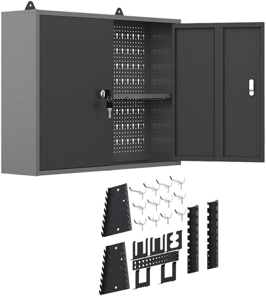 JZD Steel Hanging Upper Garage Cabinets with 22 Tool Hooks, Wall Cabinet for Tool Organization, Black & Grey