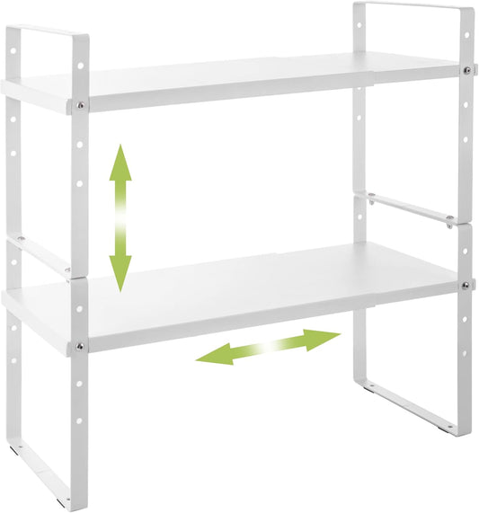Across-Star Expandable Cabinet Shelf Organizer Rack, Stackable Kitchen Counter Storage Shelves Stand, Adjustable Height Pantry Shelf Spice Rack (White, 2 Pack)