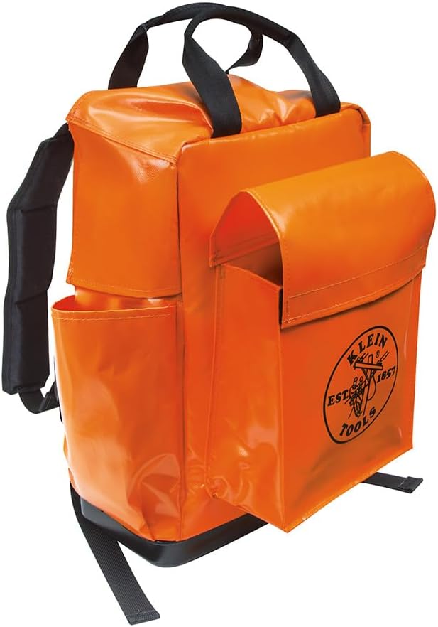 Klein Tools 5185ORA Tool Bag Backpack, Made in USA, Lineman Backpack, Adjustable Padded Shoulder Straps, Double-Stitched Bottom with Drain Holes, Orange