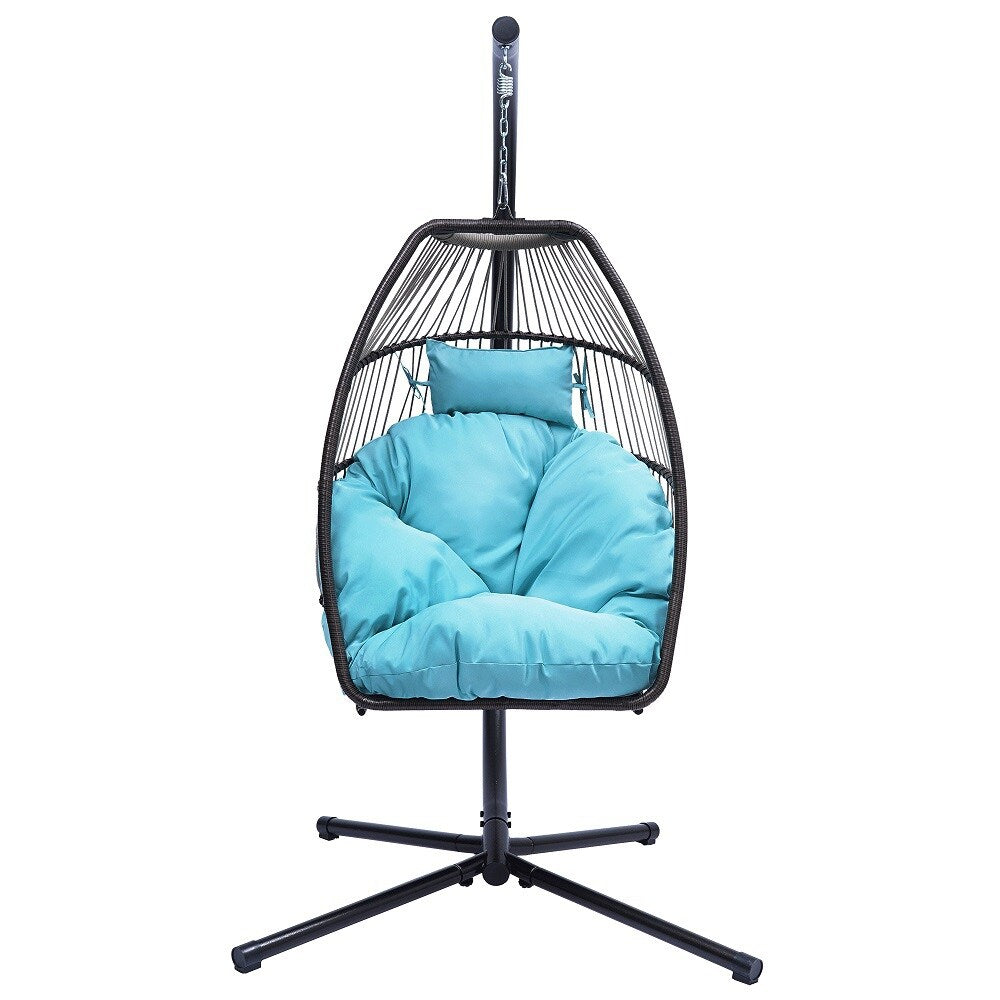 Kahomvis Outdoor Patio Wicker Folding Hanging Chair,Patio Swing Hammock Egg Chair with C Type Bracket,Blue Cushion and Pillow