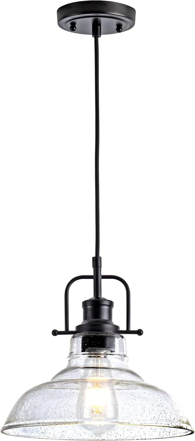 Zlepmlla Glass Pendant Light，Black Pendant Light Fixtures with Seeded Glass Shade, Adjustable Height Hanging Lights for Hallway, Kitchen Island, Dinning Room（Bulb not Included）
