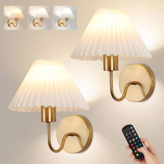Wireless Wall Sconce Sets of 2, Pleated Shades Rechargeable Battery Operated Wall Sconce, Retro gooseneck Gold Wall Lights Bathroom Vanity Sconces, Wall Mounted Lamps for Bedroom Living Room Kitchen