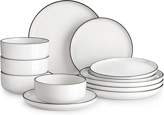 MALACASA Plates and Bowls Sets, 12 Pieces Modern Porcelain Dinnerware Set for 4 White Kitchen Dinner Dining Ware Set wtih Black Rim Ceramic Dishware Dishes Microwave and Dishwasher Safe, Series LUNA