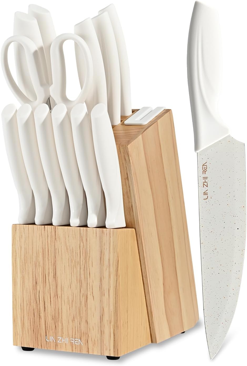 LIN ZHI REN 15 Piece Knife Set，Kitchen Knife Block Set，White stainless steel knife set with sharpener for Chopping, Slicing, Dicing & Cutting，Dishwasher safe