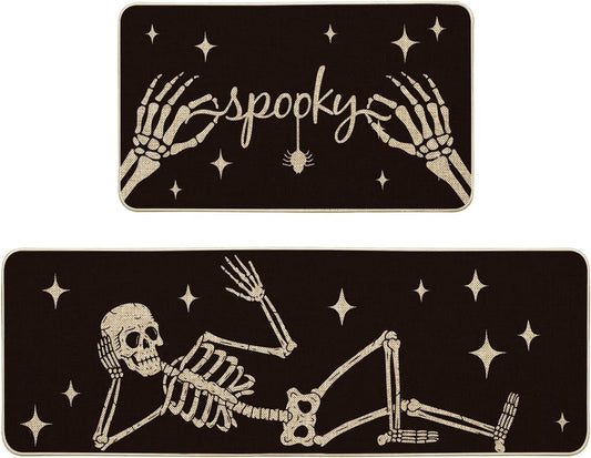Artoid Mode Spooky Skeleton Spider Bone Black Halloween Kitchen Mats Set of 2, Black Home Decor Low-Profile Kitchen Rugs for Floor - 17x29 and 17x47 Inch