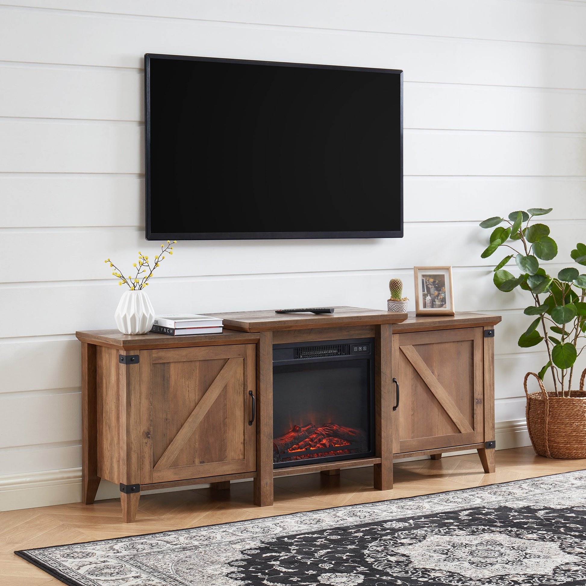 CASAINC 63-in W Rustic Oak TV Stand with LED Electric Fireplace CA-WMTVS015-RSO