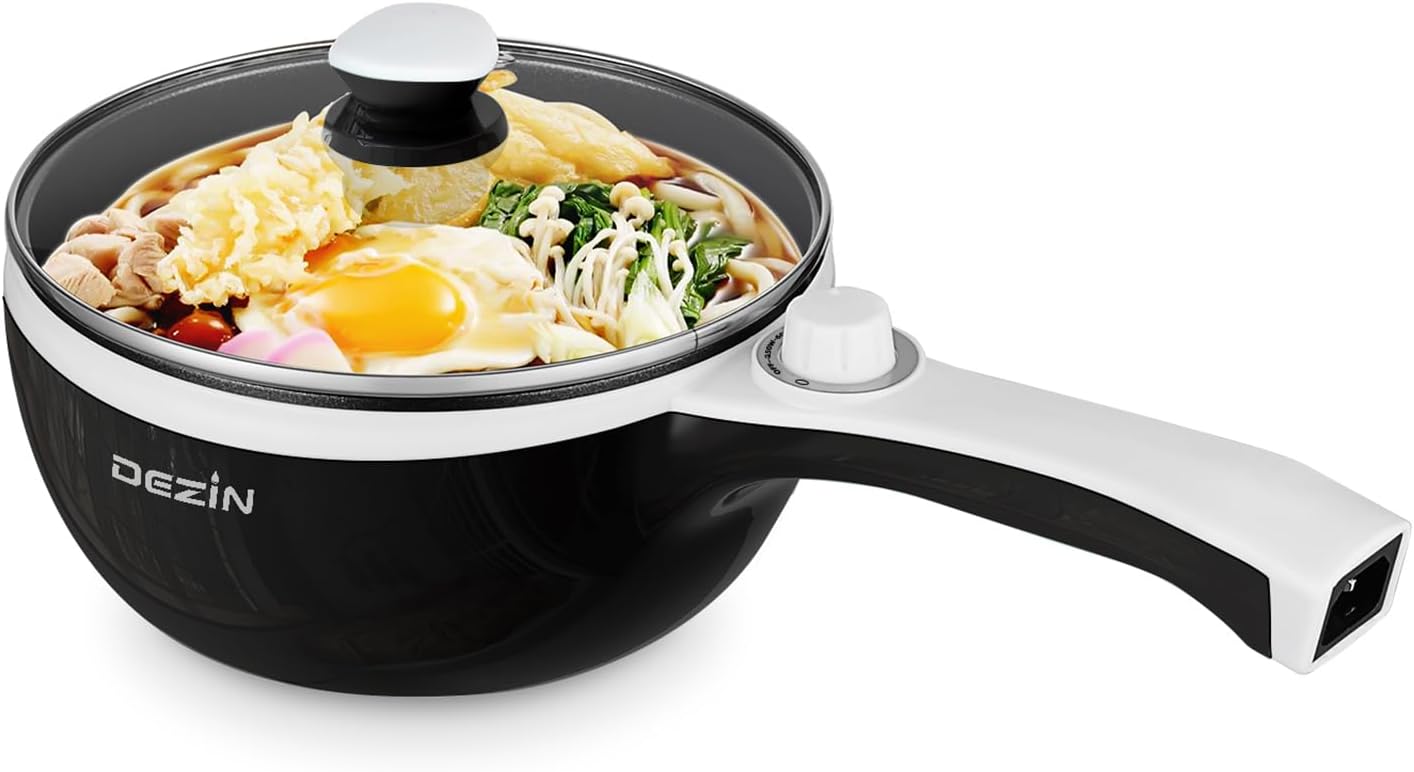 Dezin Hot Pot Electric Upgraded, Non-Stick Sauté Pan, Rapid Noodles Electric Pot, 1.5L Mini Portable Hot Pot for Steak, Egg, Fried Rice, Ramen, Oatmeal, Soup with Power Adjustment