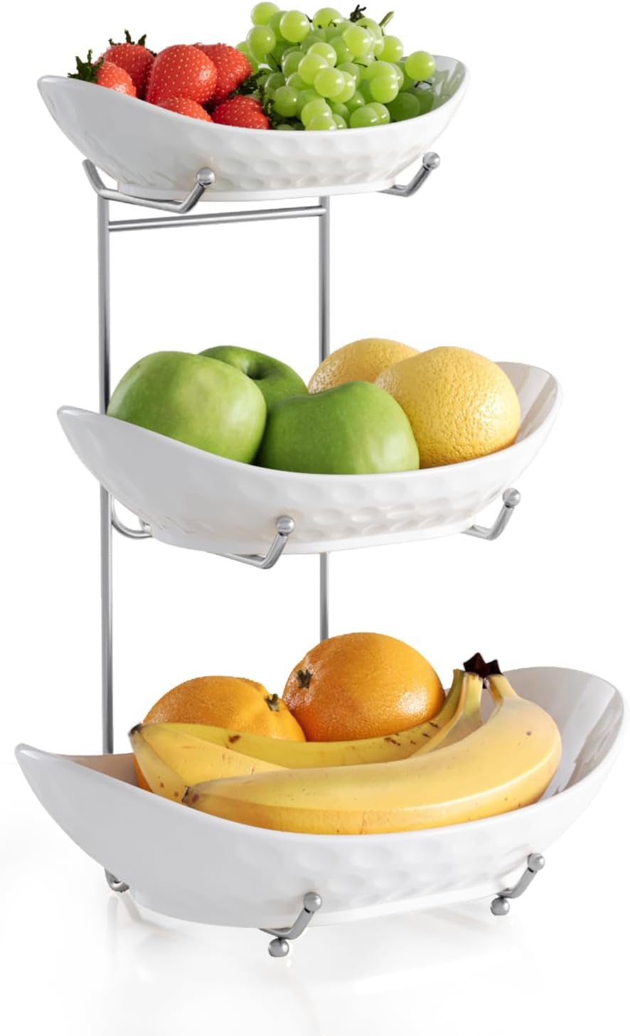Acliys Fruit Bowl, 3 Tier Ceramic Fruit Basket, 3 Tier Serving Stand Serving Bowl with Metal Rack, Porcelain Kitchen Bowls for Fruit Vegetable Snack Nuts Dessert Cake Tray for Party Wedding