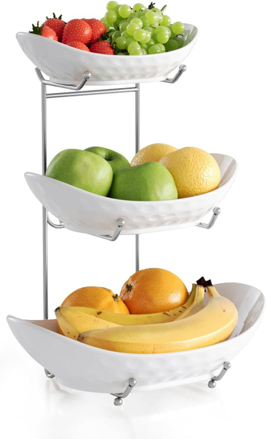 Acliys Fruit Bowl, 3 Tier Ceramic Fruit Basket, 3 Tier Serving Stand Serving Bowl with Metal Rack, Porcelain Kitchen Bowls for Fruit Vegetable Snack Nuts Dessert Cake Tray for Party Wedding