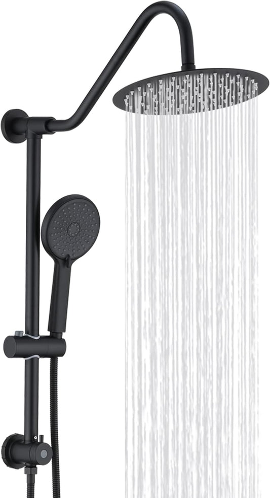 UCLIMAA 10 Inch Rain Shower Head with Handheld System, 24" Drill-free Slider Bar with Low 3-Way Diverter for Easy Reach, 4 Setting Handheld Spray with 5Ft Stainless Steel Hose - Matte Black
