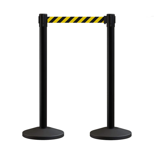 Crowd Control Warehouse CCW Series RBB-100 - Set of 2 Stanchions with Retractable Belts - 11 Foot Black\/Yellow Belt, Black Post - Crowd Control Barriers