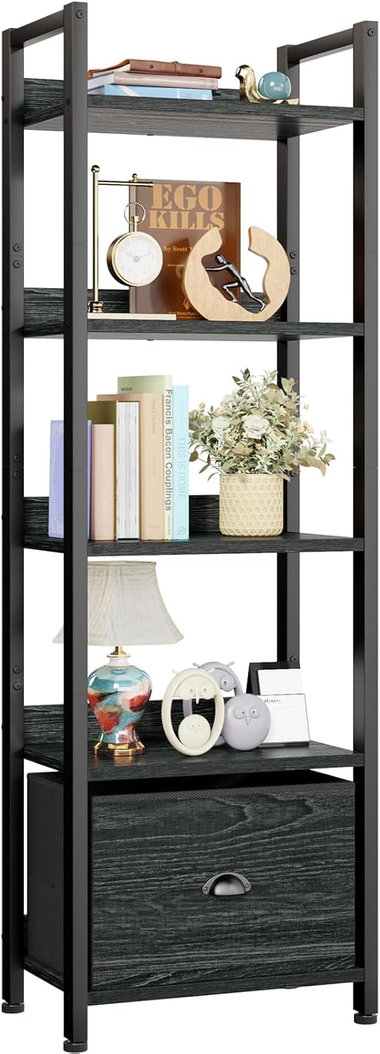 Furologee 5 Tier Bookshelf with Drawer, Kitchen Bakers Rack with Storage, Tall Narrow Bookcase, Industrial Free Standing Display Shelf, Wood and Metal Book Shelf for Bedroom, Living Room, Black