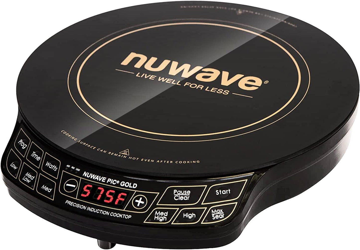 Nuwave Gold Precision Induction Cooktop, Portable, Powerful with Large 8\u201D Heating Coil,100°F to 575°F, 3 Wattage Settings, 12\u201D Heat-Resistant Cooking Surface