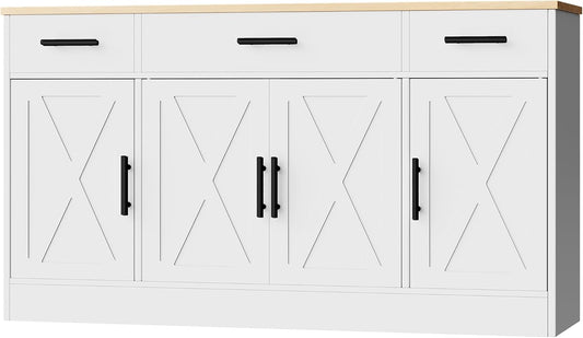 Shintenchi Buffet Cabinet with Storage,53.4" Large Kitchen Storage Cabinet with 3 Drawers and 4 Doors,Wood Farmhouse Buffet Sideboard with Adjustable Shelf for Kitchen Living Room