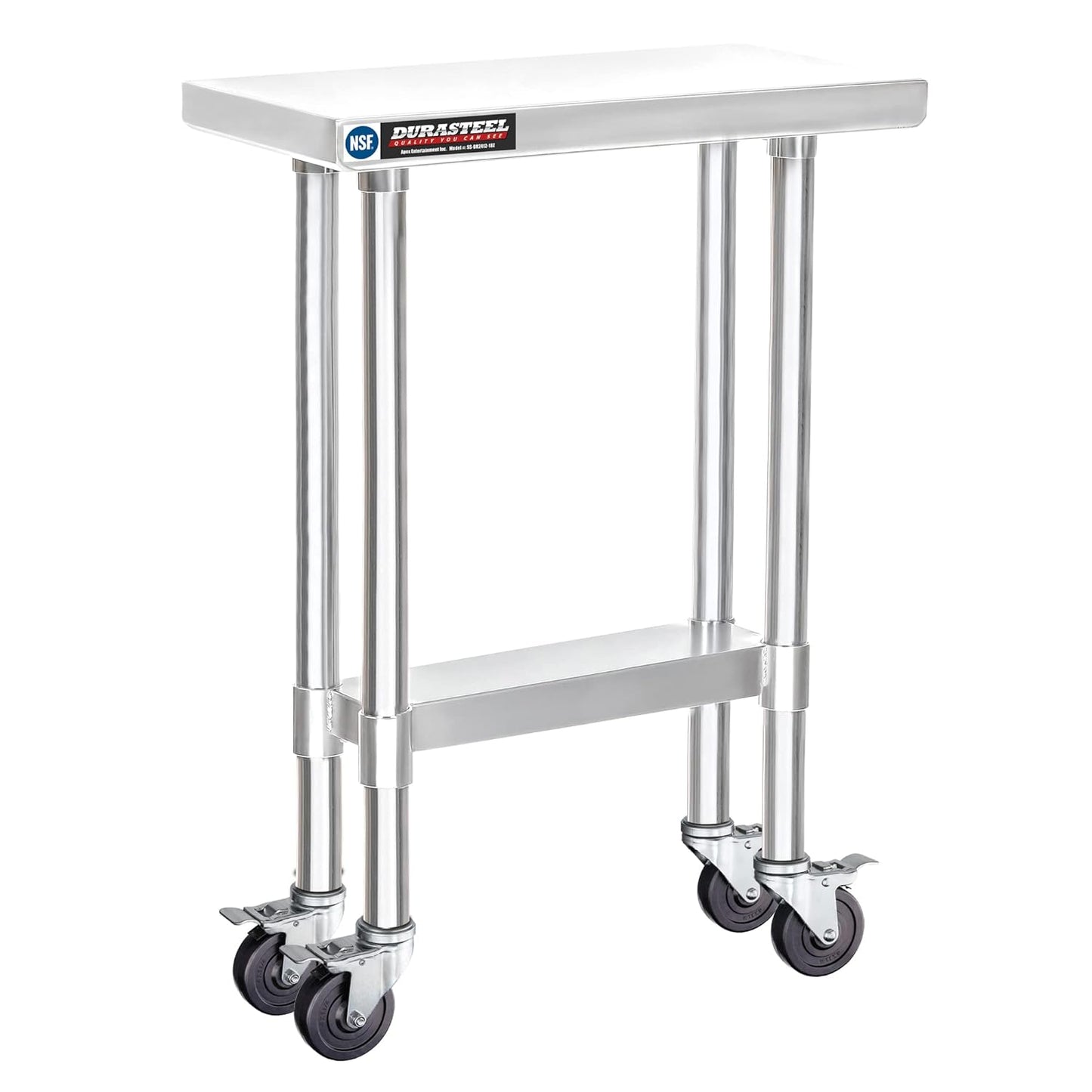 DuraSteel 24x12 NSF Stainless Steel Cart - Heavy Duty Rolling Food Prep Table with Undershelf - Metal Utility Cart for Commercial Restaurant Kitchen, Laundry, Side Mixer Stand