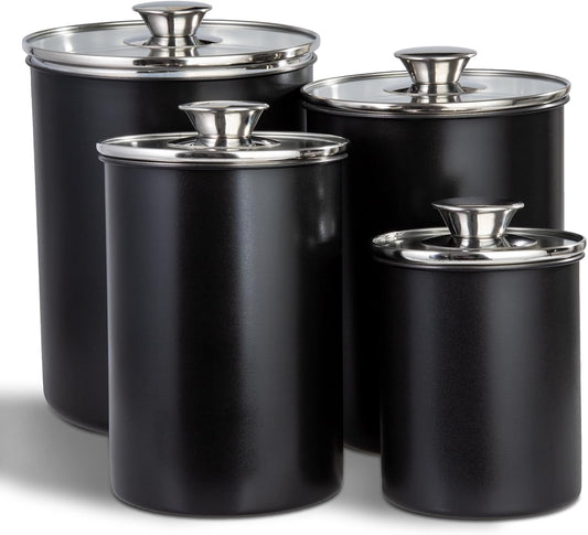 malmo Stainless Steel Food Canister Set of 4-Piece, 16\/49\/85\/132 Ounces,Airtight Containers with Glass Lid for Tea,Coffee,Sugar,Flour,Pantry Kitchen Storage Storeroom Counter (Black)