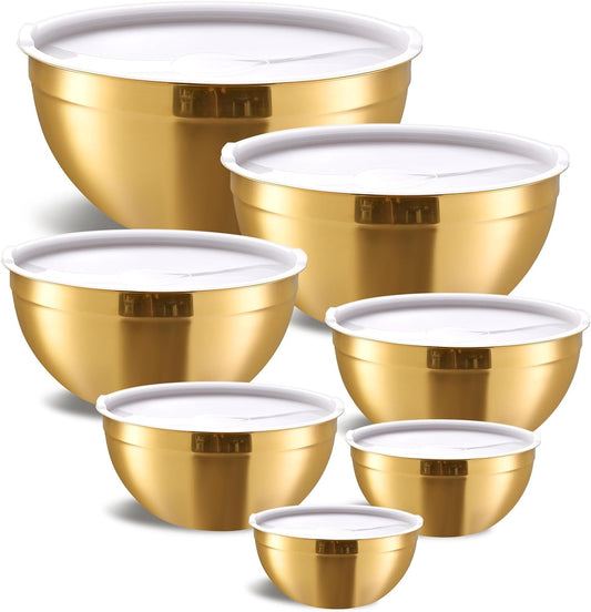 Moxinox Gold Mixing Bowls with Airtight Lids, Stainless Steel Nesting Mixing Bowls Set of 7, Ideal for Baking, Prepping and Serving Food, Size 7, 3.6, 2.7, 2.1, 1.5, 1.1,0.8 QT, Stackable Design