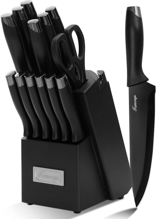 Knife Sets for Kitchen with Block, 15 Pieces Chef Knife Set with Self Sharpening, Stainless Steel Nonstick Ceramic Anti-Rust Coating Blades, Ergonomic Handle, Black Grey