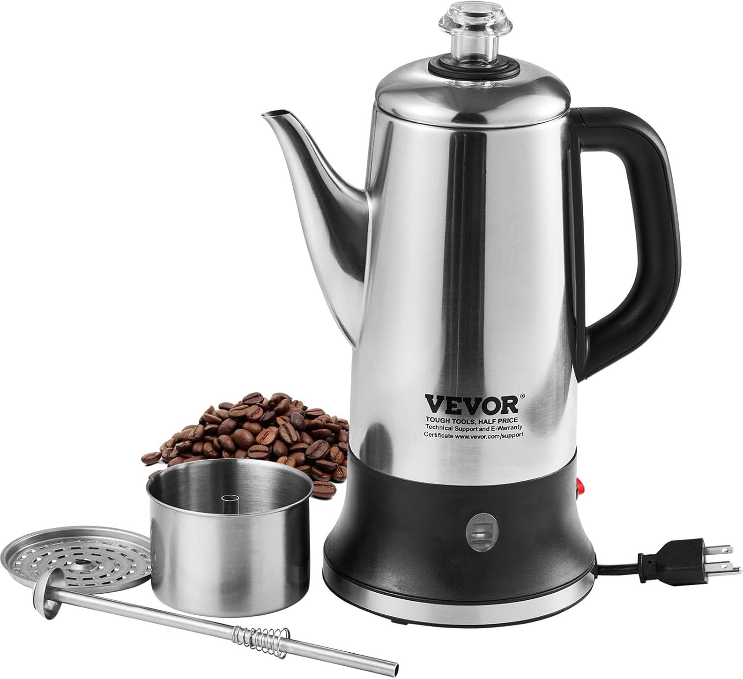 VEVOR Electric Percolator Coffee Pot 12-Cup, 304 Stainless Steel Coffee Percolator, 1000W, Automatic Keep-Warm & Split Power Base