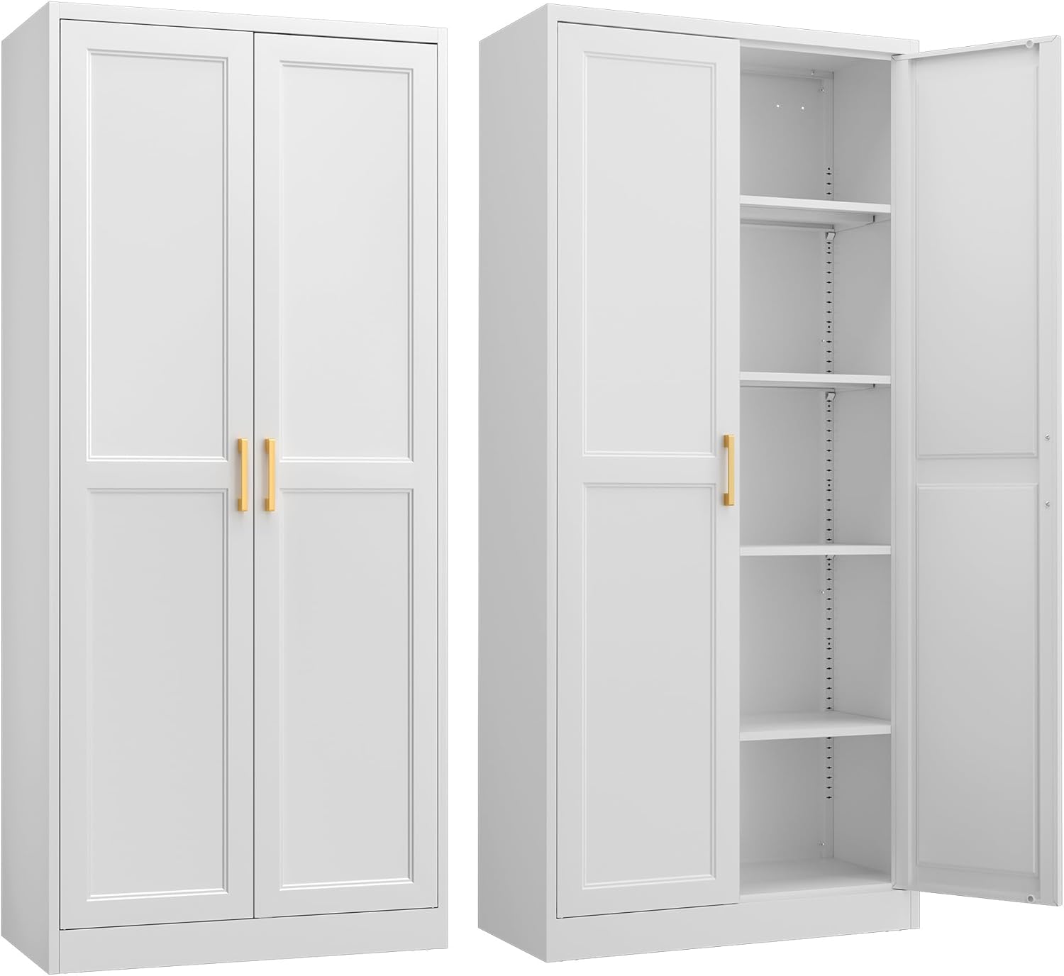 SteeLoong Kitchen Pantry Cabinet,71\u201DWhite Metal Pantry Storage Cabinet with Doors and 4 Adjustable Shelves,Kitchen Cabinet with 2 Gold Handles,Tall Cabinet for Livingroom,Pantry, Bathroom,Kitchen