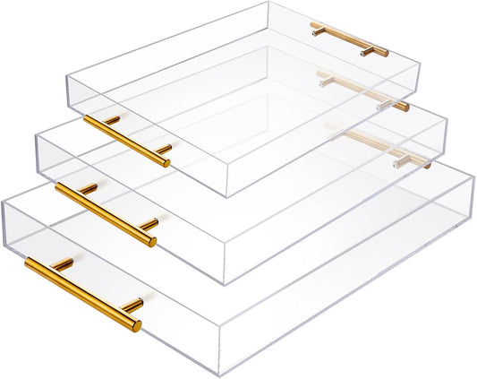 3 Pack Clear Acrylic Serving Tray with Gold Handles Serving Tray Spill Proof Acrylic Bathroom Decorative Tray Organizer for Coffee Table Countertop Appetizer Breakfast Vanity