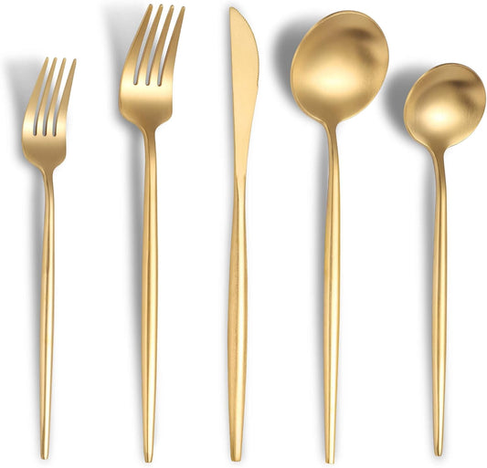 Lemeya Matte Gold Silverware Set for 4,Modern Stainless Steel Brushed Cutlery Set,20-Pieces Heavy Duty Flatware Set,Knives Spoons and Forks Set Utensils Set, Satin Finish, Dishwasher Safe