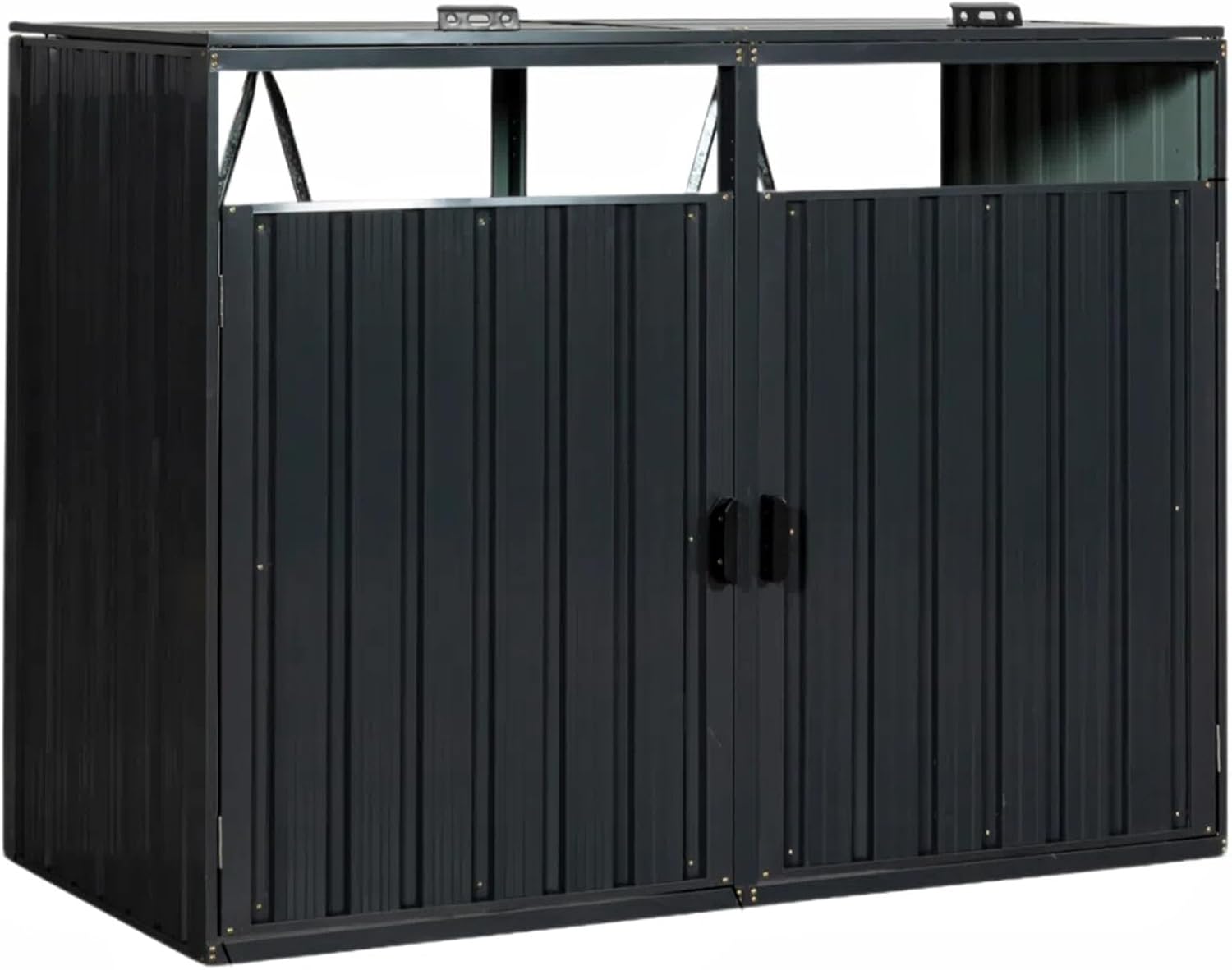 Trygoal 55.1 Cu.Ft Outdoor Trash Can Storage Shed, Metal Trash Can Storage Bin with Spring Chain Lid for Garbage Storage, Waterproof Storage Shed Stores for 2 Trash Cans, Garden Tools, Black