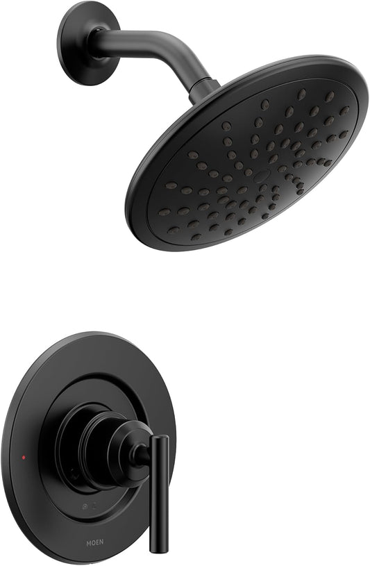 Moen Gibson Matte Black Pressure Balancing Modern Shower Trim with Wide Eco-Performance Rain Showerhead and Lever Handle, Posi-Temp Valve Required, T3002EPBL