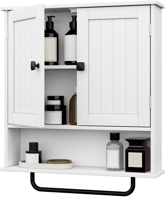 RRX Bathroom Cabinet Wall Mounted Medicine Cabinets with Towels Bar, Over The Toilet Storage Cabinet with 2 Doors and Adjustable Shelf, White Wall Cabinet for Bathroom Laundry Kitchen