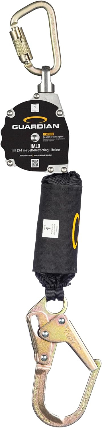 Guardian 10901 Halo Web Self Retracting Lifeline (SRL) | 11 ft | Includes Carabiner | Swivel Top | Steel Rebar Hook | ANSI and OSHA Compliant